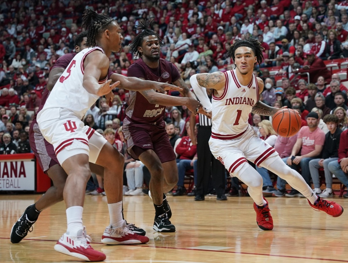 Indiana guard Jalen Hood-Schifino (1) had 13 points and seven rebounds for the Hoosiers. (USA TODAY Sports)_
